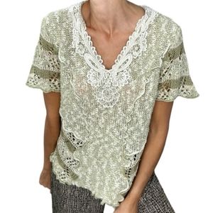 Sage green beaded lace short sleeve knit sweater L